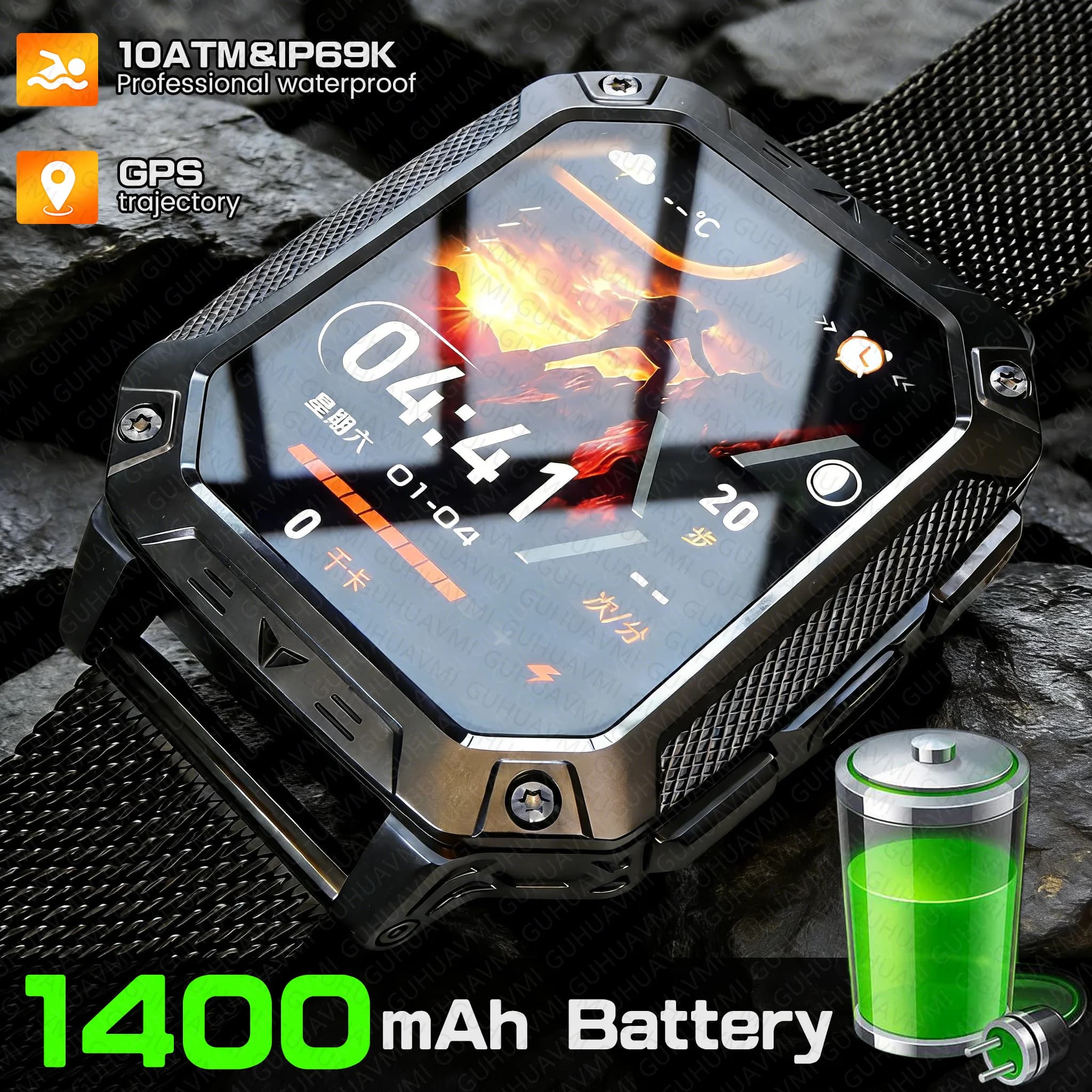 New Military Smartwatch from Exterior for Man with 1400mAh Battery, GPS, 10ATM Waterproof, Bluetooth HD Calls, Flash, SOS, Double