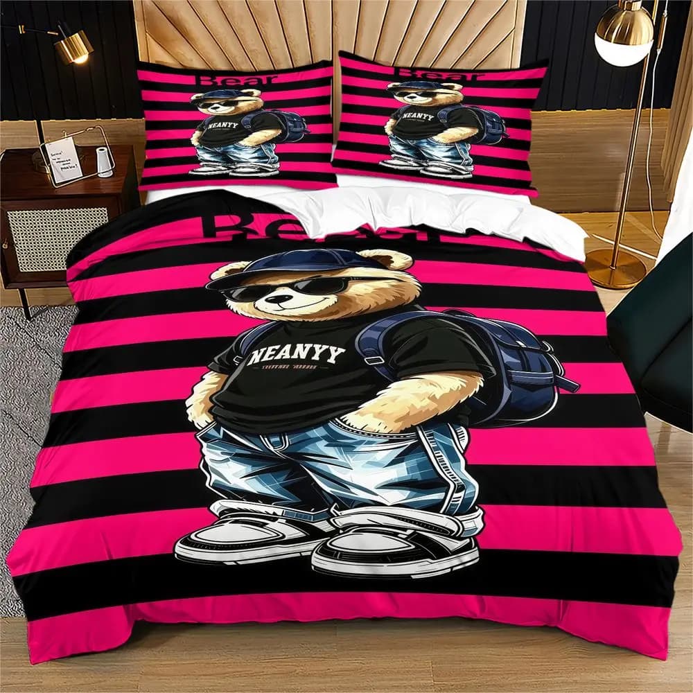 Bear Duvet Cover Set Hip Hop Style 3D Digital Print Bedding Set Microfiber Bed Cover for Teen Bedroom Home Decoration