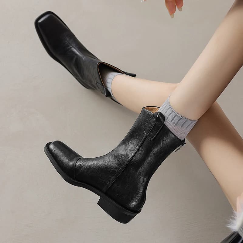 2026 new autumn winter natural leather women ankle boots 22-25cm split leather square toe belt buckle back zip western boots