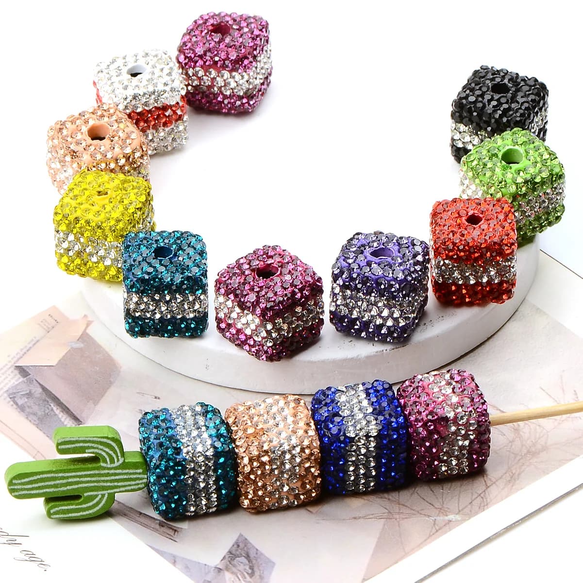 4/9pcs Random Color Two-Tone Rhinestone Square Polymer Clay Beads 14mm Loose Beads For Bracelet Jewelry DIY Craft Making
