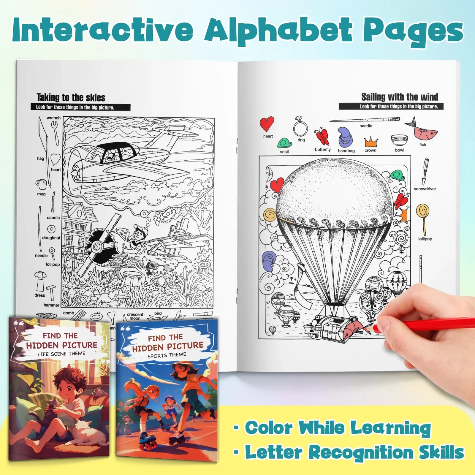 2-Book Find the Hidden Picture Activity Book Set for Kids, Life Scene and Sports Themes, Look-and-Find Puzzles, Visual Search