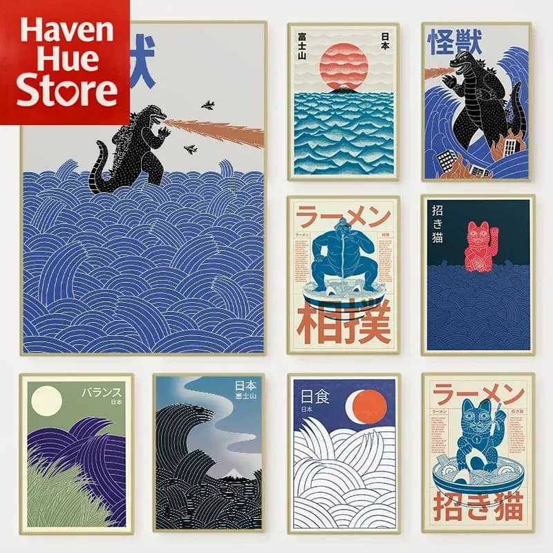 Poster su tela di arte contemporanea giapponese di Tokyo Sunrise Wave Mount Fuji Monster Stampe d'arte da parete per soggiorno moderno Decorazioni per la casa