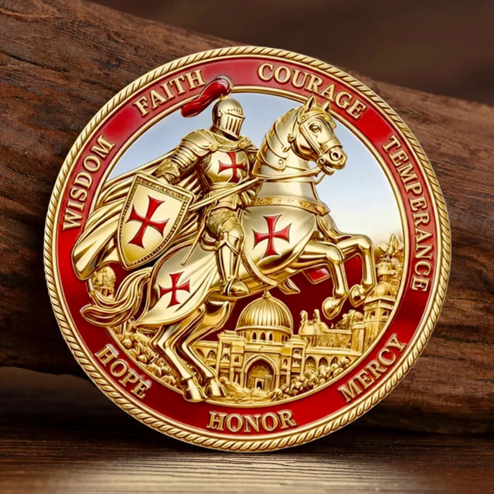 Moneta Souvenir Placcata Oro della Collezione Guerrieri del Re: Fede, Coraggio, Temperanza, Onore, Speranza