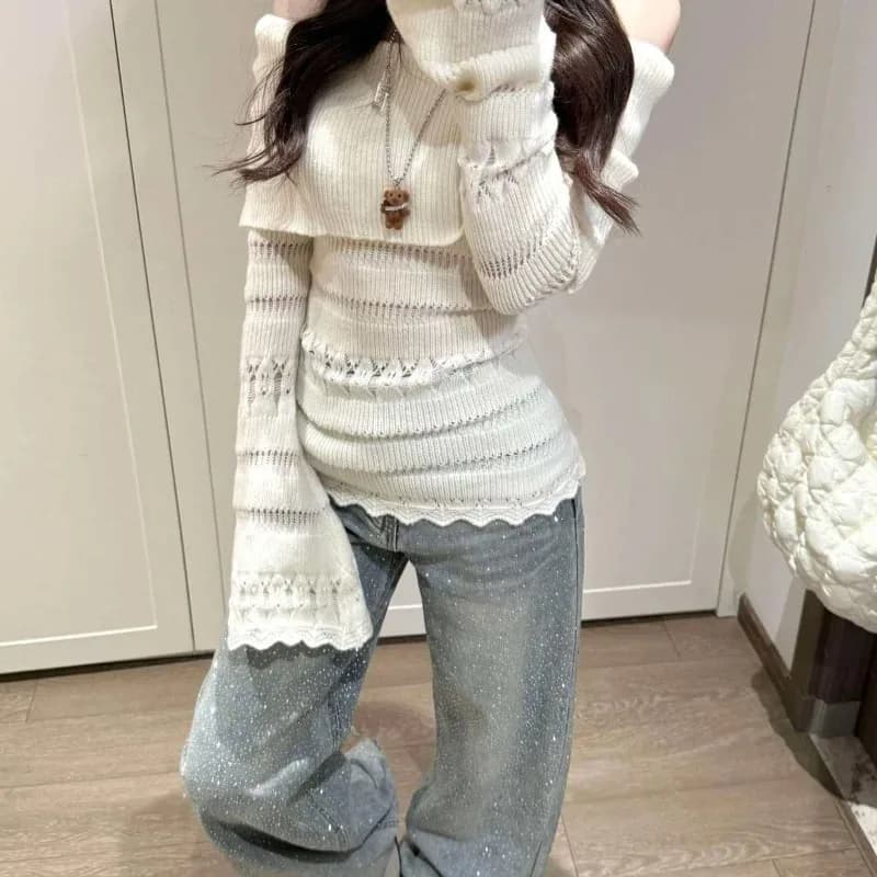 Slash Neck Y2k Women Sweaters Solid Spring Autumn Slim Fit Pullovers Korean Fashion Hollow Out Retro Elegant Pulls Femmes