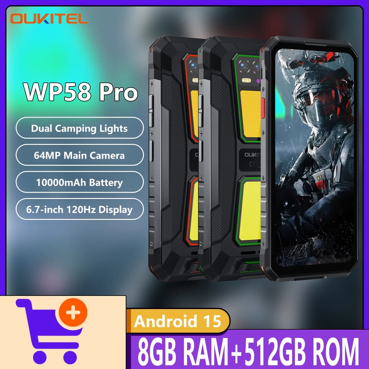 OUKITEL WP58 PRO Telefono robusto 5G Schermo da 6,7 pollici 120 Hz 8 GB + 512 GB Doppia luce da campeggio da 900 lumen 10000 mAh 33 W NFC Android 15 Smartphone