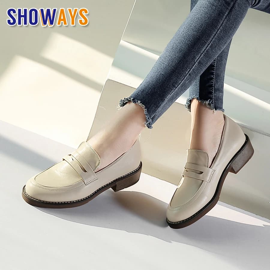 Fashion Women Platform Loafers Black Beige PU Square Heels Casual Dress Office Round Toe Flats British Ladies Slip-on Moccasins