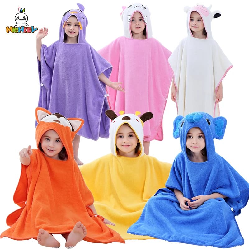 Children's Beach Towels Cotton Cartoon MICHLEY Bathroom Towel Poncho Unisex Hooded Bathroom Bathrobe for Kids 2-6T