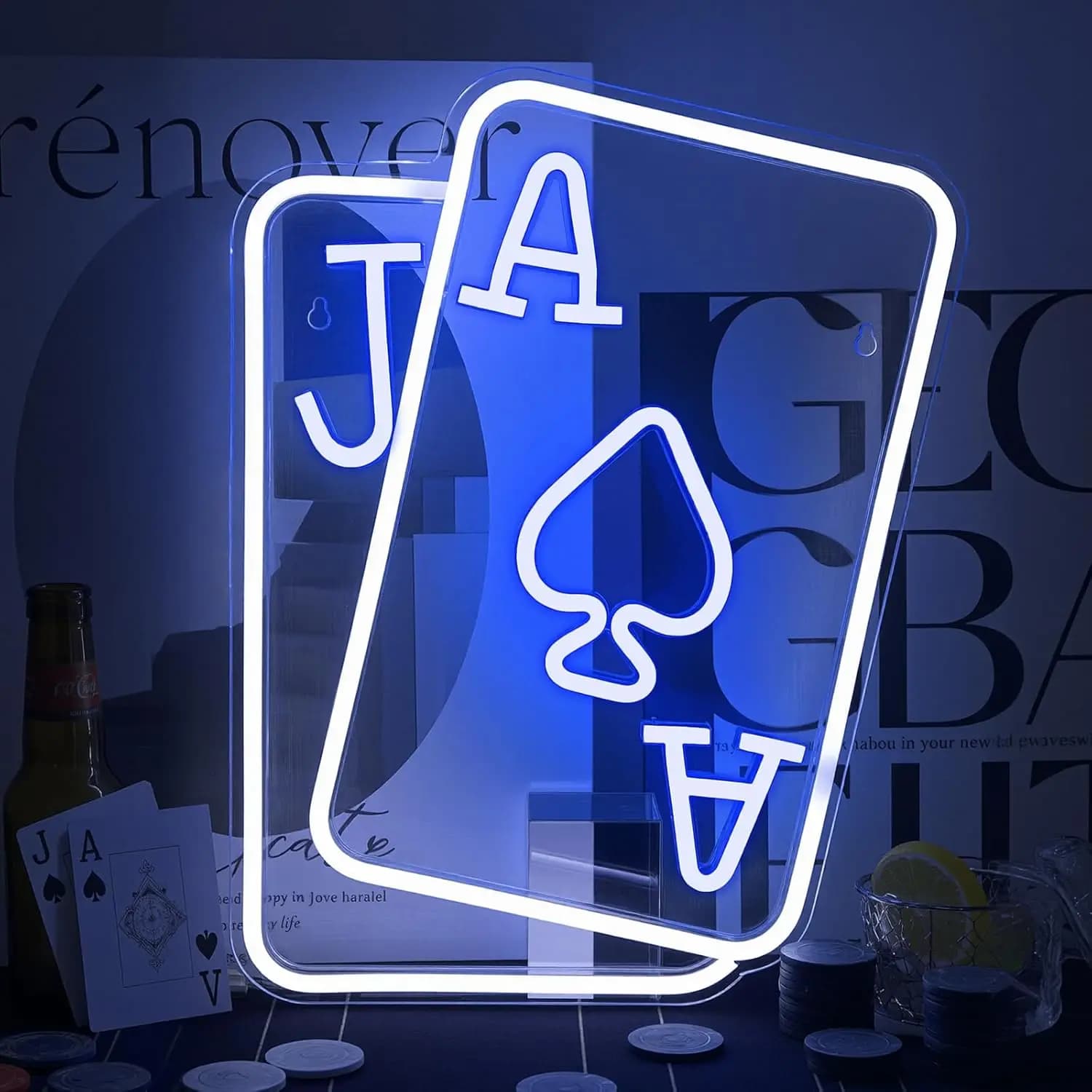Insegna al neon Poker Night, decorazione luminosa colorata e avvolgente, stile cyber, guerriero futuristico