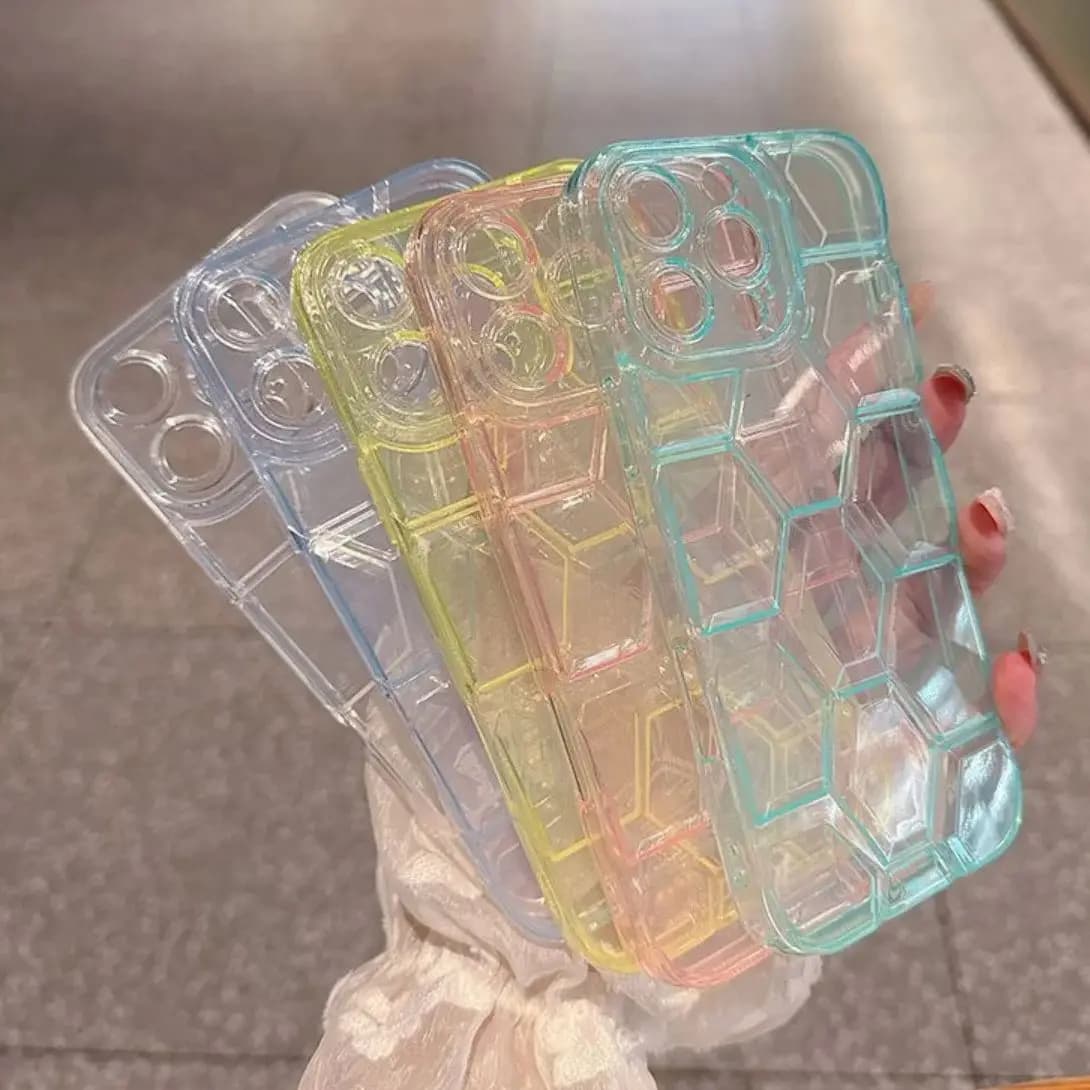 Phone case with geometric honeycomb pattern for iPhone 16 15 14 13 12 11 Pro X XR XS Max 7 8 Plus SE Transparent shockproof cover
