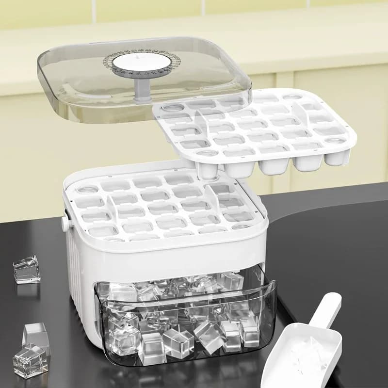 Compact Double Layer Ice Cube Tray with Lid and Bin, Pull-Out Ice Drawer with Portable Handle, Kitchen Accessories, Gadgets
