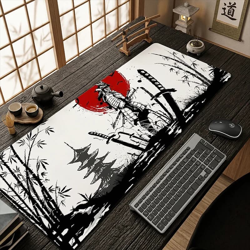 Japanese Samurai Large Gaming Mouse Pad Black White Ink Bamboo Desk Mat Non-slip Rubber Keyboard Pad for Office Gamer Room