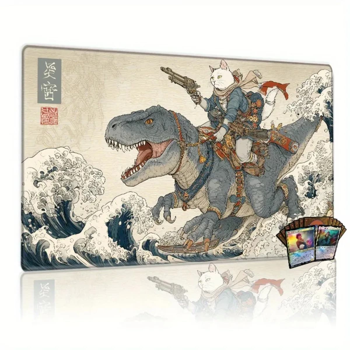 Samurai Cat Dinosaur Brave Tappetino per mouse da gioco di grandi dimensioni, tappetino da scrivania in gomma antiscivolo per giocatori d'ufficio