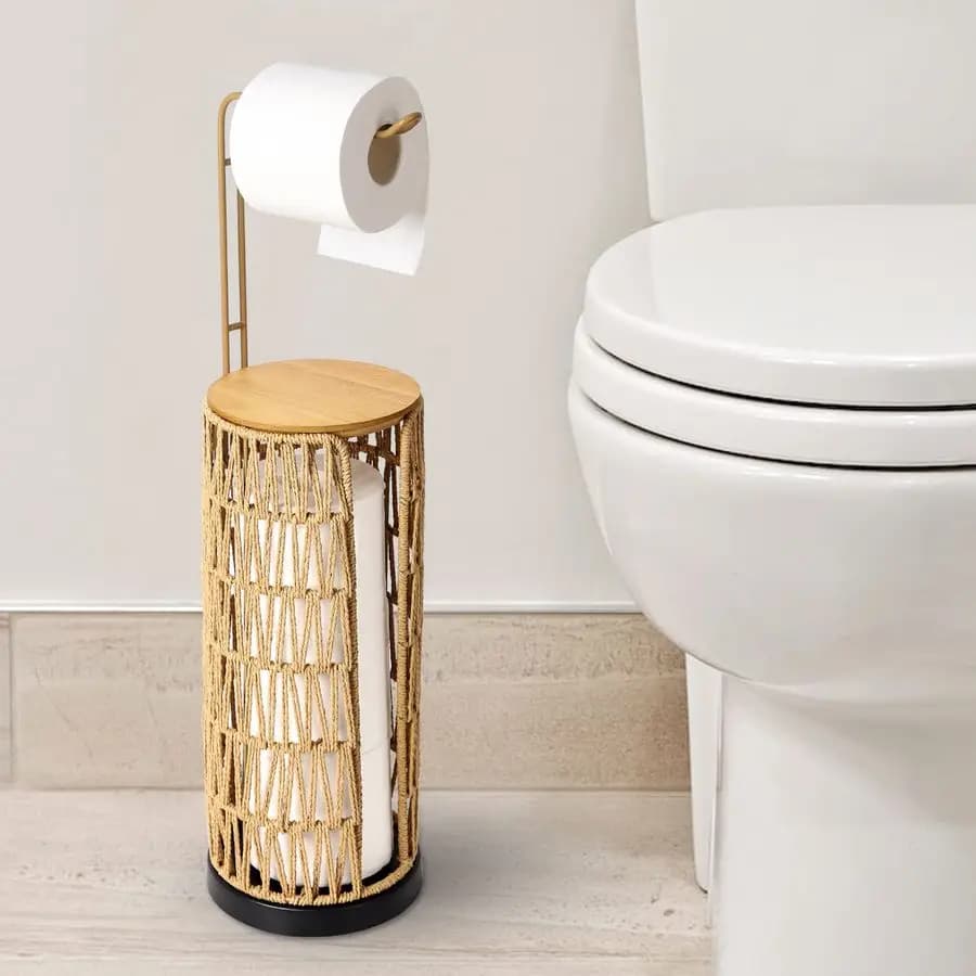 Portarotolo per Carta Igienica con Vano Portaoggetti, Supporto per 3 Rotoli di Carta Igienica per Bagno, Portarotolo Artigianale in Rattan Intrecciato
