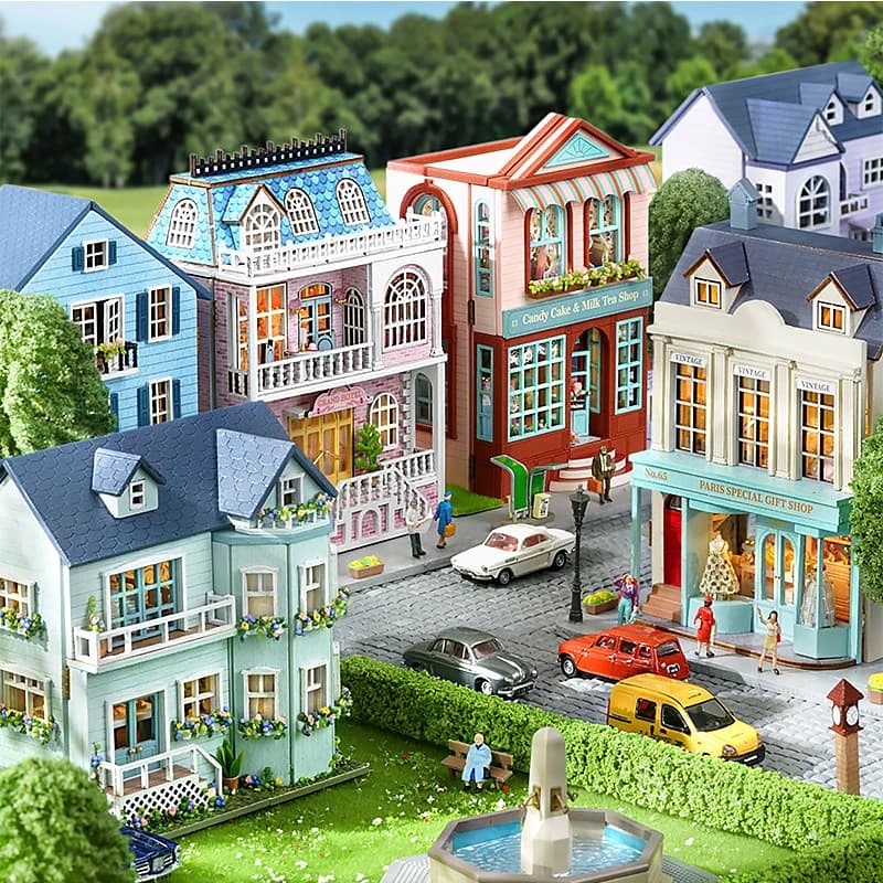 Fai da te Mini Casa delle bambole in legno con mobili Casa delle bambole leggera Casa modello di assemblaggio rosa principessa Villa architettura Kit giocattoli compleanno