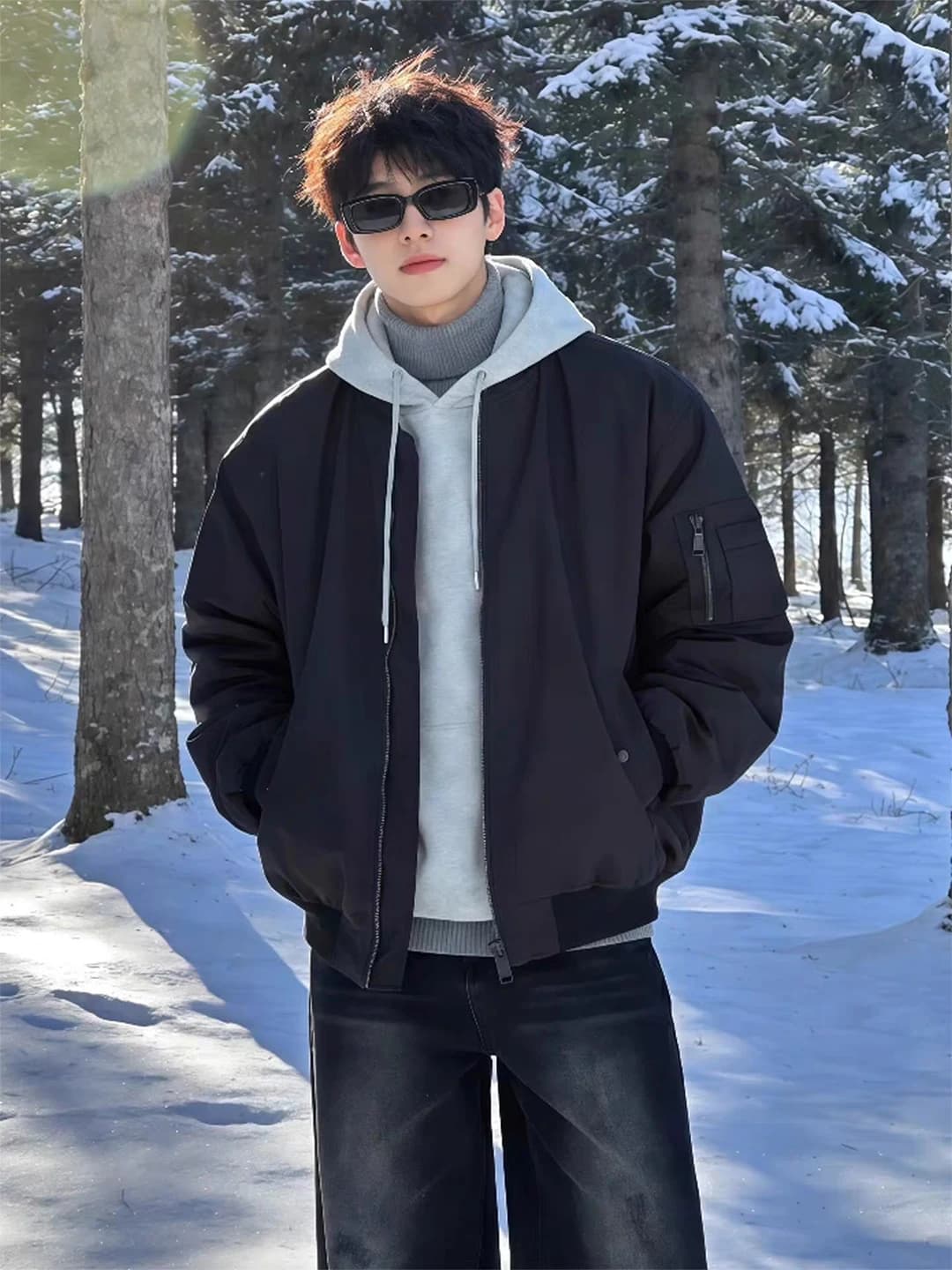 Giacca da Volo in Stile Americano Nera, Cappotto Invernale in Cotone per Uomo, Giacca Corta Imbottita da Baseball, Trendy con Cerniera Decorativa
