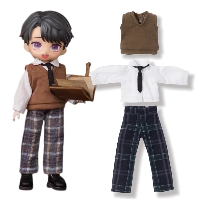 Uniforme Scolastica per Bambola Asi 2.0 1/12: Gilet, Camicia, Cravatta, Pantaloni a Quadri, Outfit per Bambola BJD 1/12