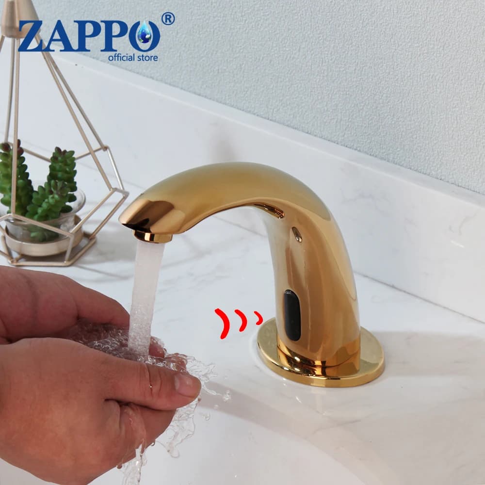 ZAPPO Gold Automatic Sensor Bathroom Faucet Touchless Infrared Motion Sensor Tap Cold Hot Water Hands‑Free Basin Mixer Tap