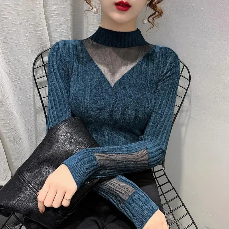 Women Half Turtleneck Knit Top Mesh Splice Long Sleeve Slim Fit Fall Winter Basic Inner Blouse