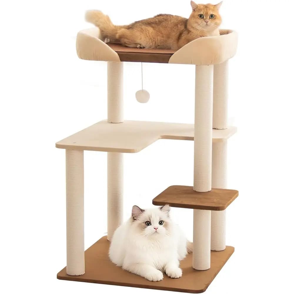 Albero per gatti di grandi dimensioni, torre per gatti alta 95 cm con ripiani larghi, gradini bassi, posti di grattamento in cotone, base super robusta