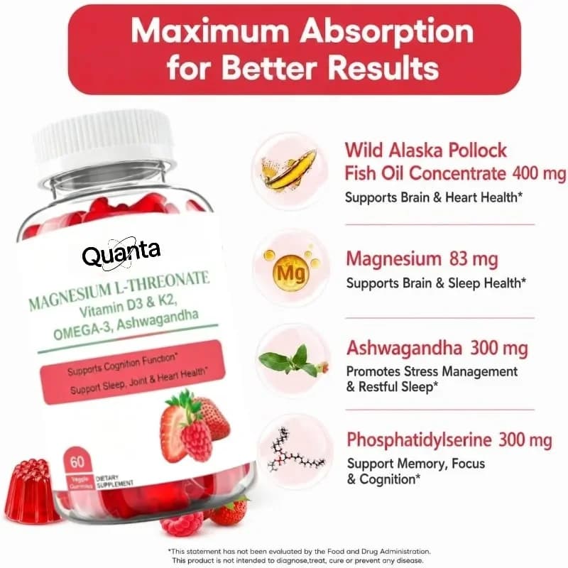 Magnesium & Omega-3 Gummies with Vitamin D, K2 - Natural Berry Flavor - Daily Wellness Supplement