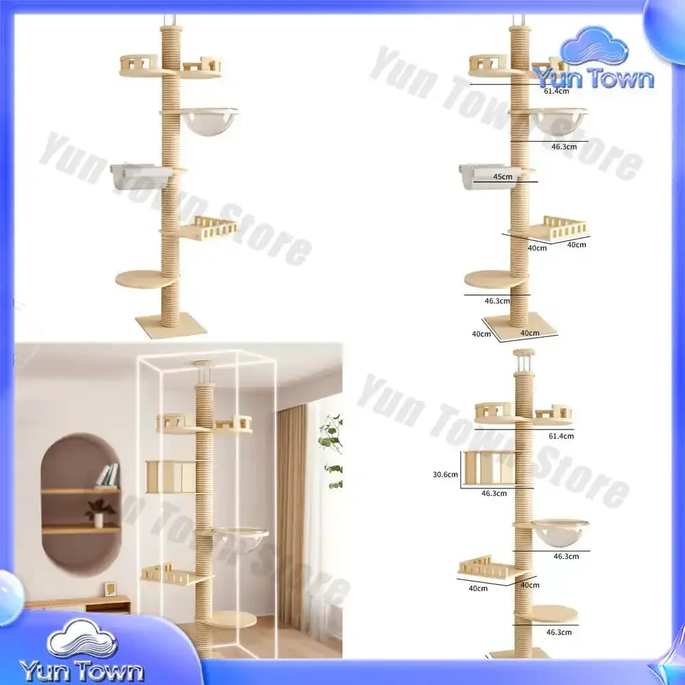 Wooden Floor-to-ceiling Cat Climbing Scratcher Cat Tree Condo Furniture Scratch Post Large Cat Tree Tower