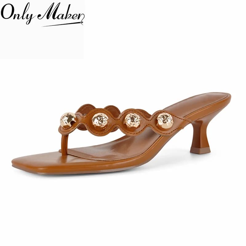 Onlymaker Square Toe Brown Thong Mule Sandals Metal Decor Kitten Heel Slip‑On Slippers Summer Party Dress Evening Slide Sandals