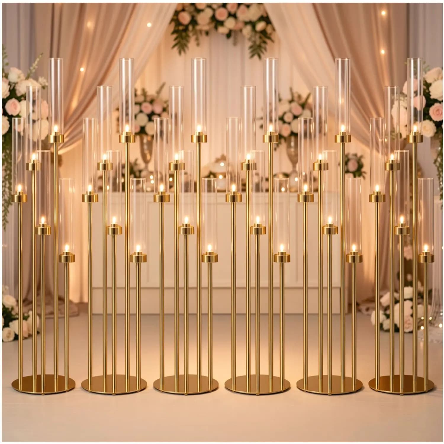 6-Set LED Floor Candelabra – 42.5-inch Golden Aisle Centerpiece, 5-Arm Table Candle Holder with Clear Acrylic Lampshade for Wedd
