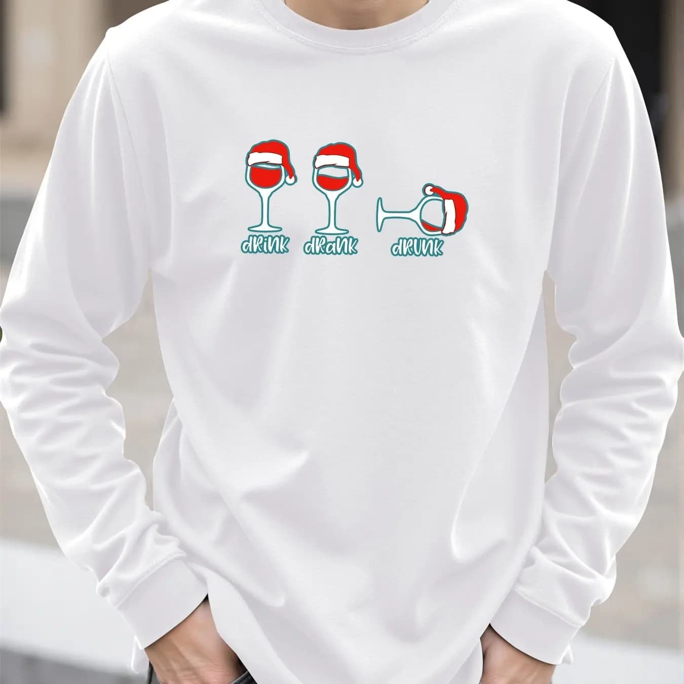 Men's T-shirt with Christmas Wine Glass Printing Autumn Casual O-Colle Trained Long Sleeve Top Fashion New Year X'mas Clothing Tees