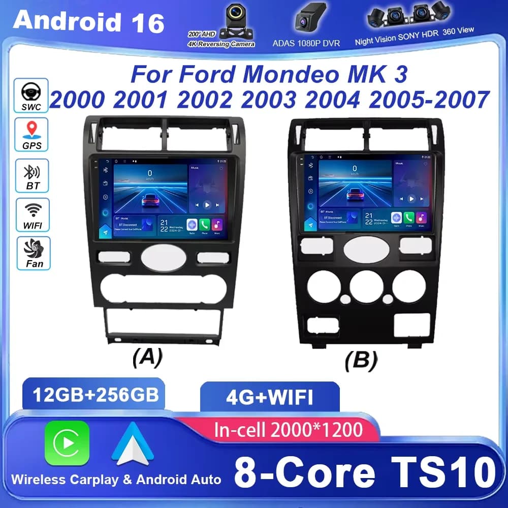 Autoradio Android 16 per Ford Mondeo MK 3 2000-2007, Lettore Multimediale con GPS, Navigazione e Bluetooth