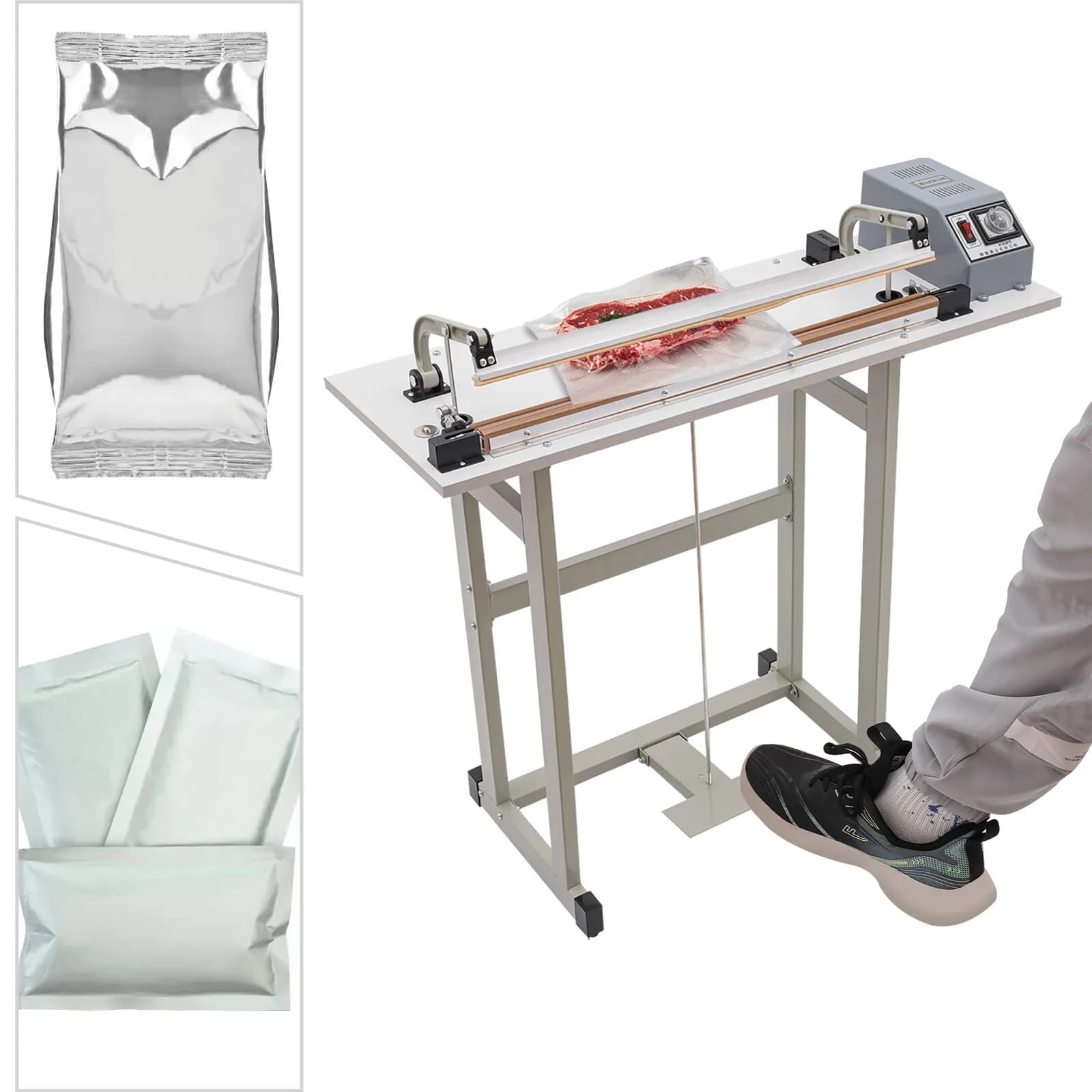 22.83 Inch Foot Pedal Impulse Heat Sealer With Cutter 110V 850W Portable Plastic Bag Sealing Machine 0.6mm Wide Seal Foot Control Design For Industrial & Commercial Packaging