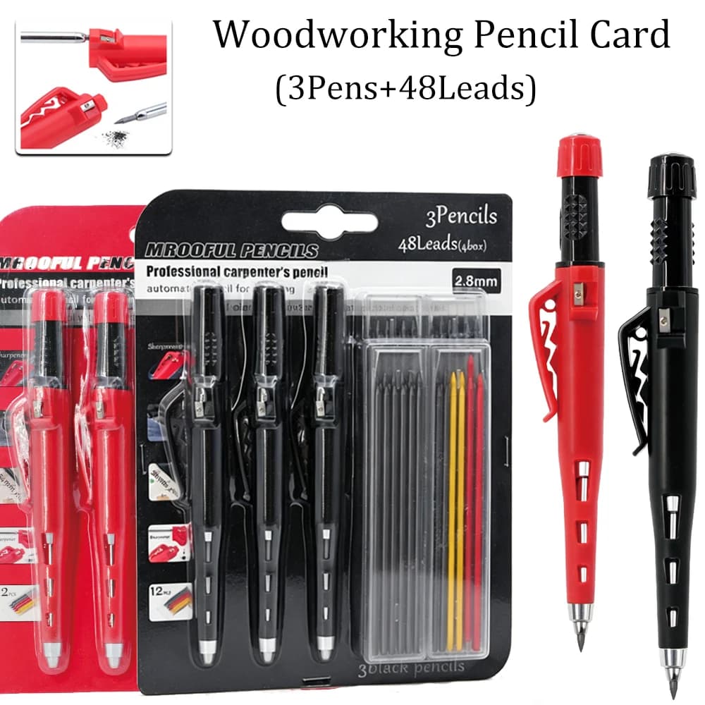 New 55mm Long Head Carpenters Pencil Card Set with 48Leads, 2.8mm Deep Hole Woodworking Marking Pencil Architects Drawing Tool