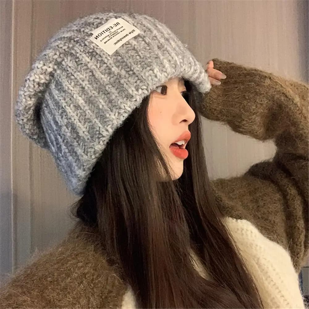 Trendy Winter Beanie Hats Patch Design Japanese Style Knit Beanies Warm Ski Cap