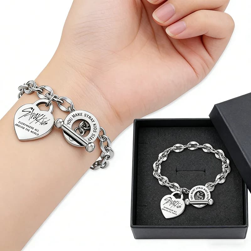 SKZOO Fashion Stainless Steel Bracelet with Heart Pendant, Titanium Steel Bracelet with 'Day' STRAY KIDS Buckle, Fan Gift