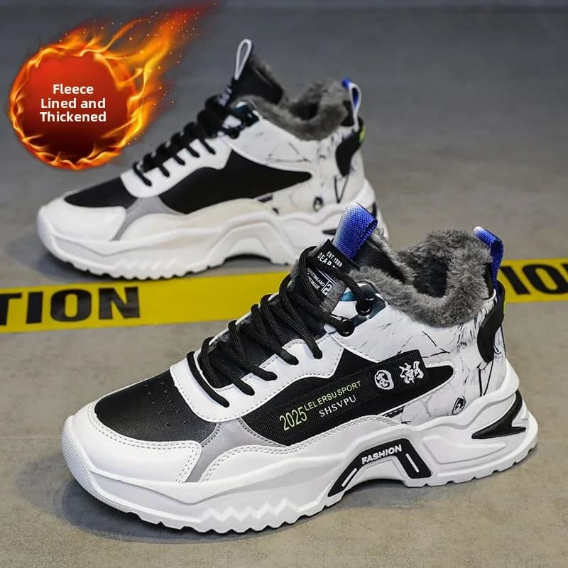 Winter New High Top Men's Shoes Korean Style Casual Sports Fleece Lined Cotton Shoes Trendy Dad Sneakers Comfortable Slipons