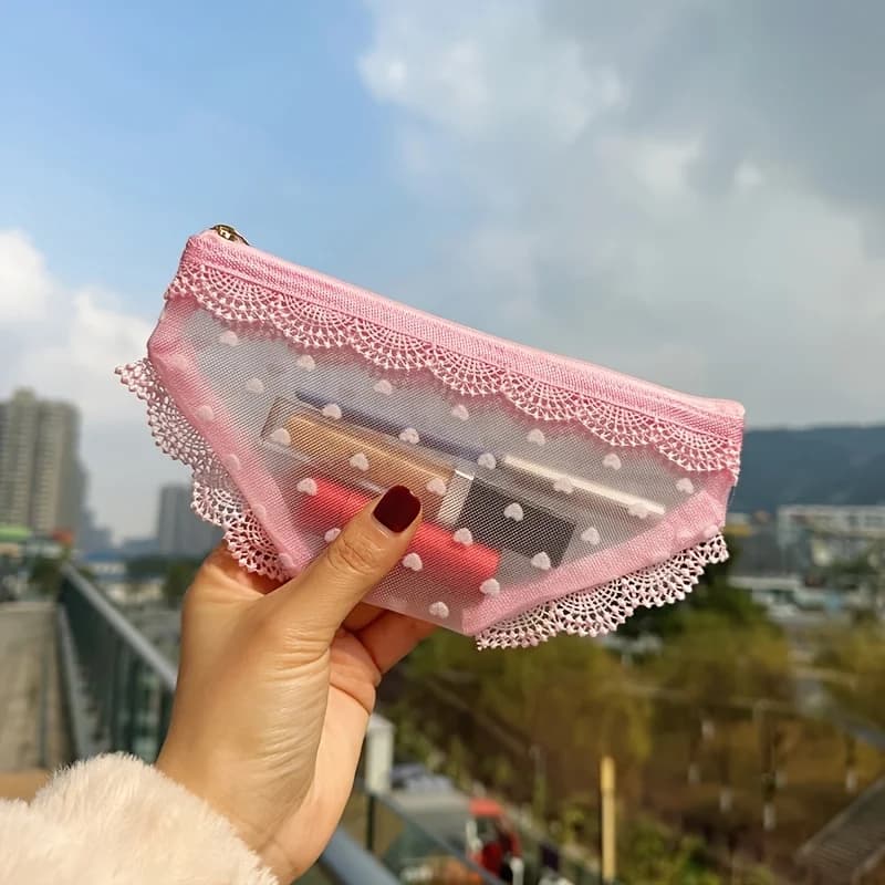 Personalized shorts style travel makeup bag, portable lipstick makeup storage bag, semi transparent mesh makeup bag