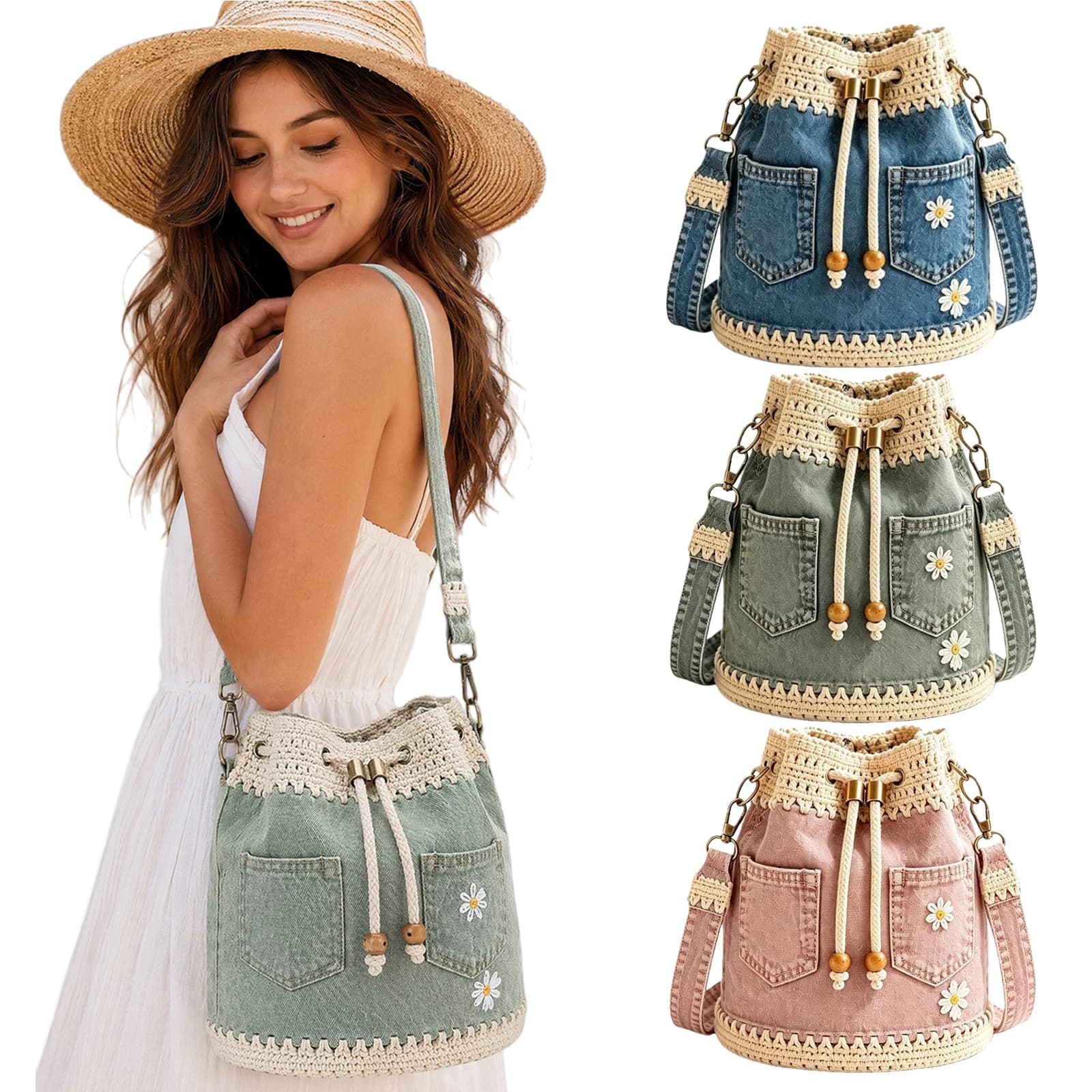 Denim Crochet Bucket Bag with Daisy Embroidery Handmade Crochet Jean Tote Stylish Crocheted Shoulder Bags Summer Beach Handbag