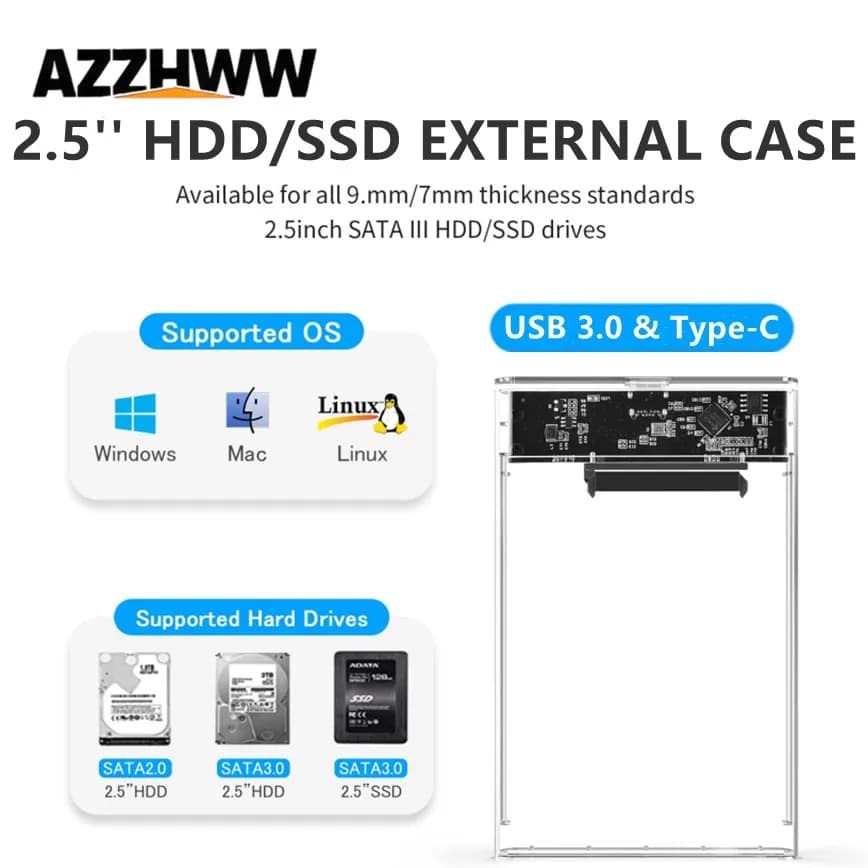 Custodia ESTERNA HDD SSD da 2,5 pollici SATA a USB 3.0 Custodia per disco rigido esterno trasparente gratuita ottimizzata Supporta UASP SATA III