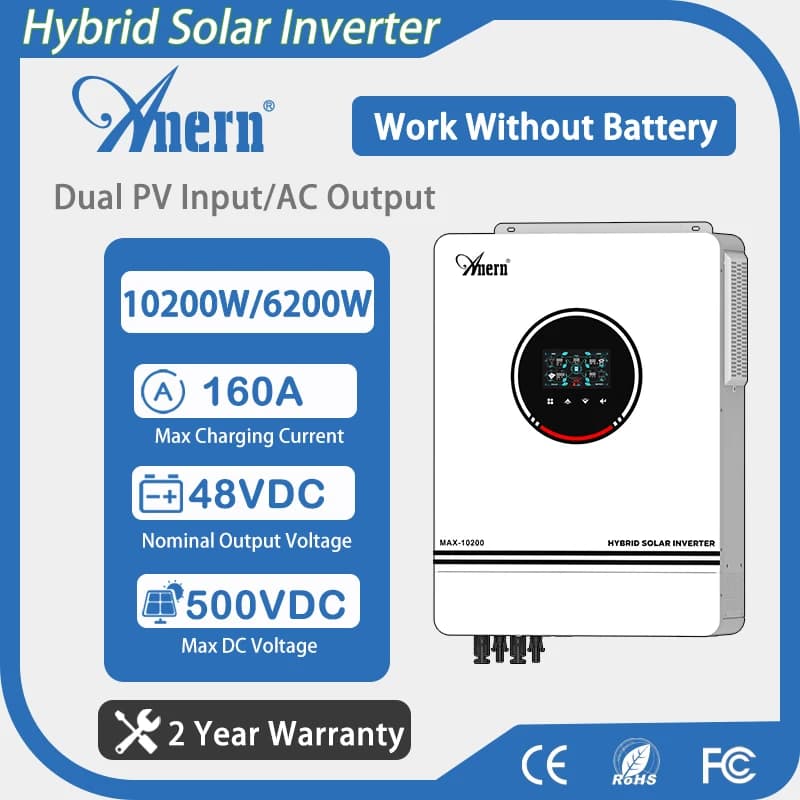 Potenza inverter solare ibrido Anern 10.2KW 6.2KW 4.2KW 24/48V 220V Off Grid Onda sinusoidale pura Bult-in 160/140A Regolatore di carica MPPT