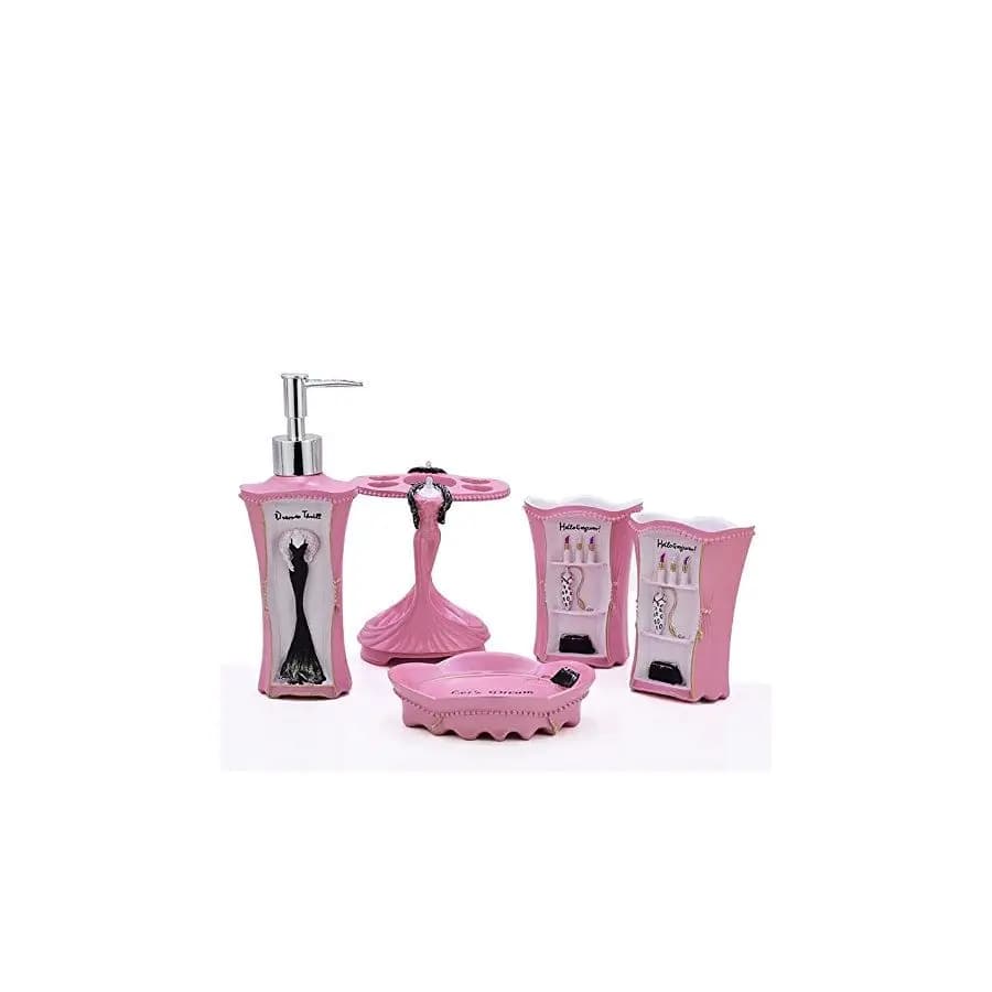 Set di accessori per il bagno, collezione di articoli da bagno con dispenser per sapone, portaspazzolino, bicchiere e portasapone rosa