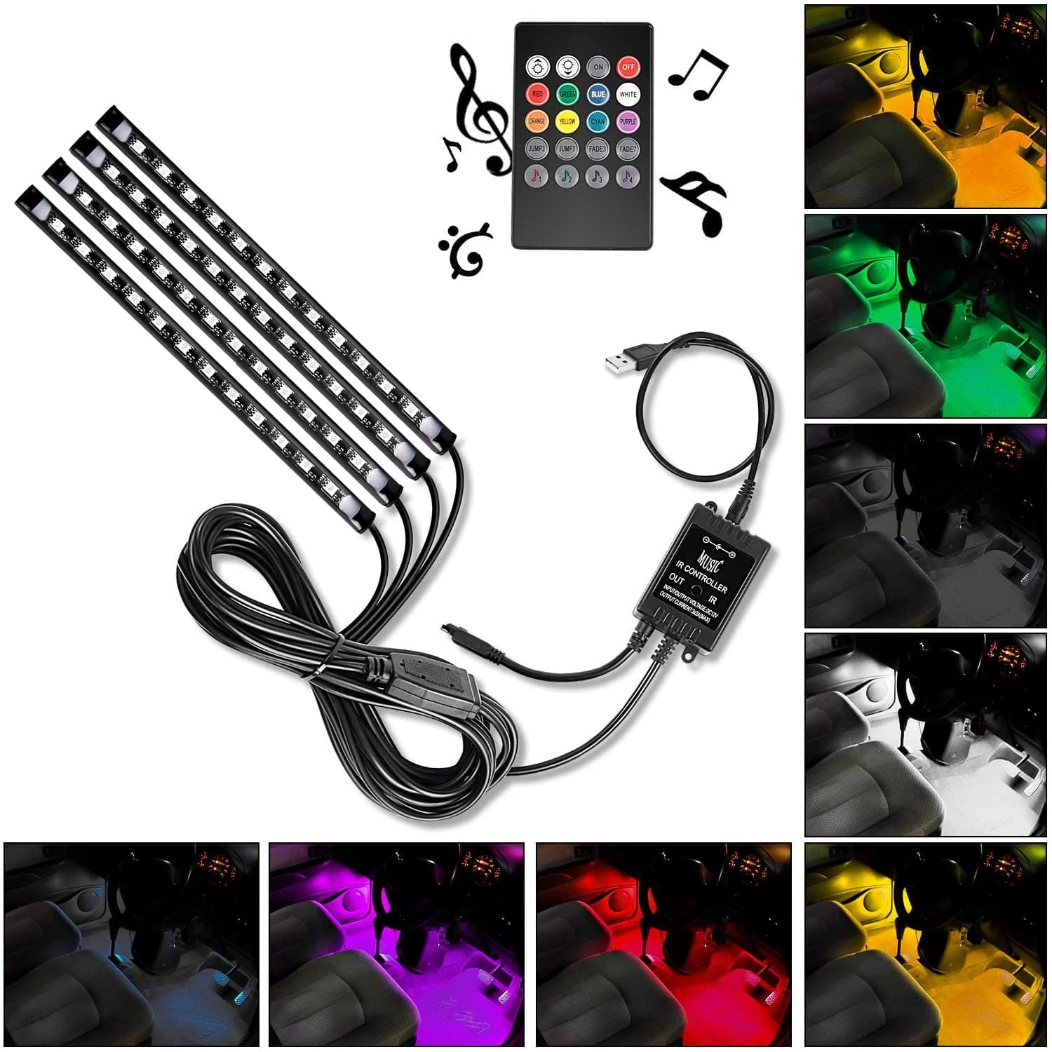 Kit di Illuminazione Interna per Auto USB a 4 Pezzi, Luci Multicolore Sotto il Cruscotto con Attivazione Sonora e Telecomando Wireless