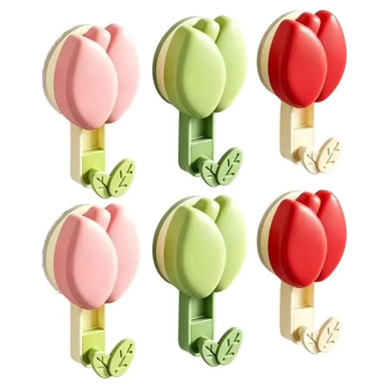 ABFU-No Drill Removable Decorative Wall Hook- Cute Tulip Shaped Suction Cup Hooks In Three Colors(6Pcs)