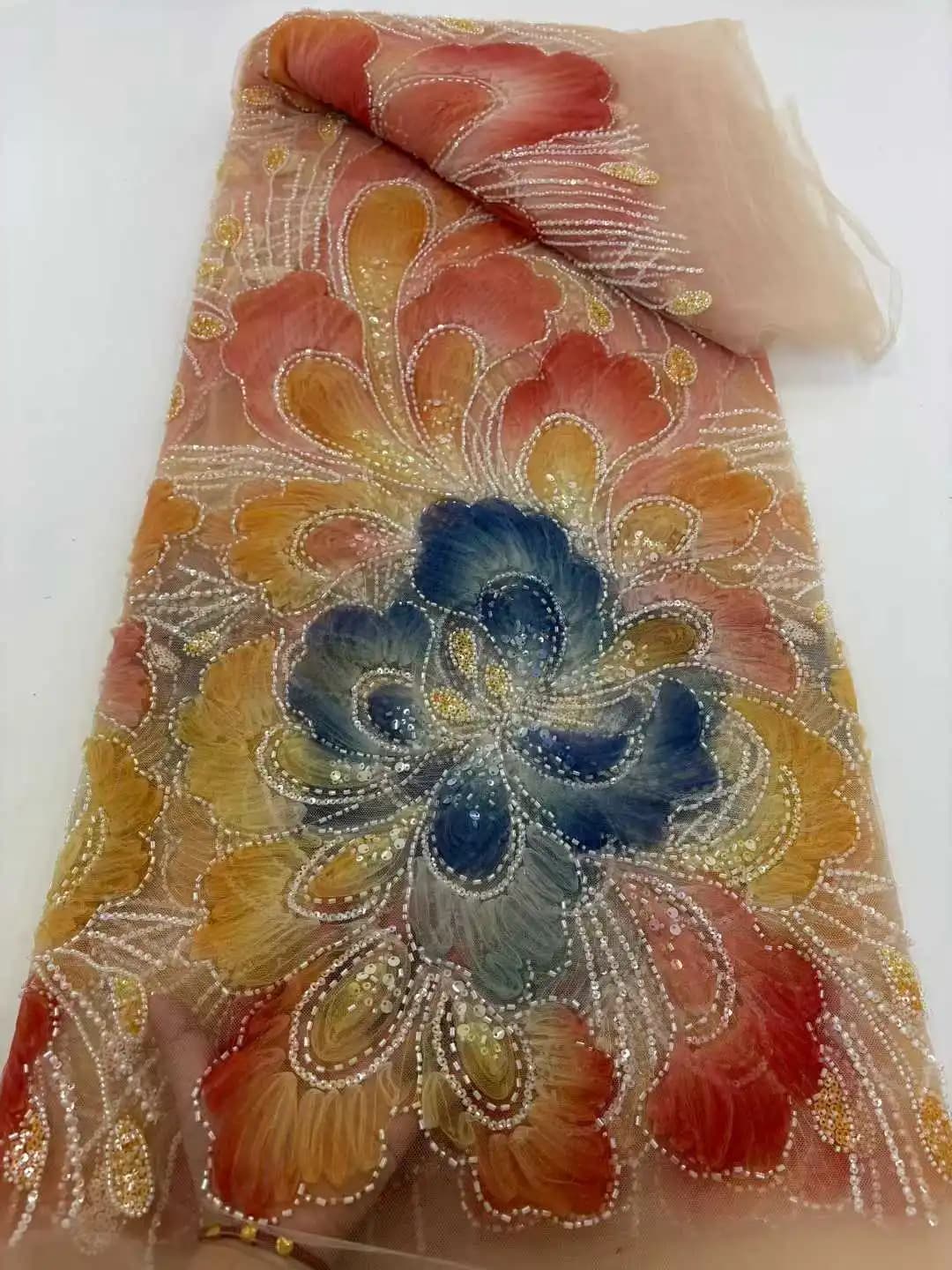 Nuovissimo Tessuto in Pizzo Africano Fatto a Mano con Perline e Paillettes, Elegante Tulle Francese Nigeriano, per Abiti da Sposa e da Cerimonia