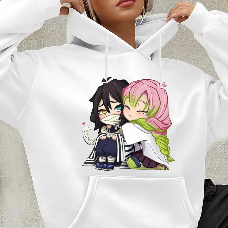 Nuovo Anime Carino Kanroji Mitsuri Iguro Obanai Stampa Felpe con cappuccio per donna Uomo Autunno Inverno Felpa Moda Streetwear Pullover