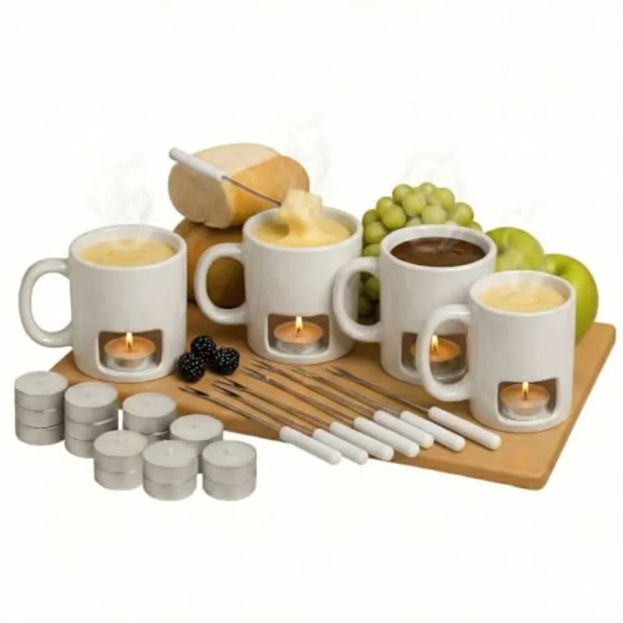Set Fondue Evelots per Cioccolato, Formaggio e Dolci, Mini Tazze in Ceramica con 8 Forchette e 16 Candele, Regalo Perfetto per