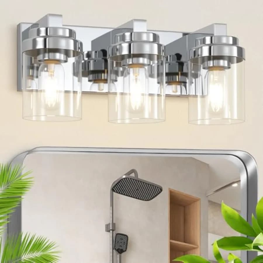 Lampada da Bagno a 3 Luci con Paralume in Vetro Trasparente, Illuminazione Lucida per Specchio da Bagno