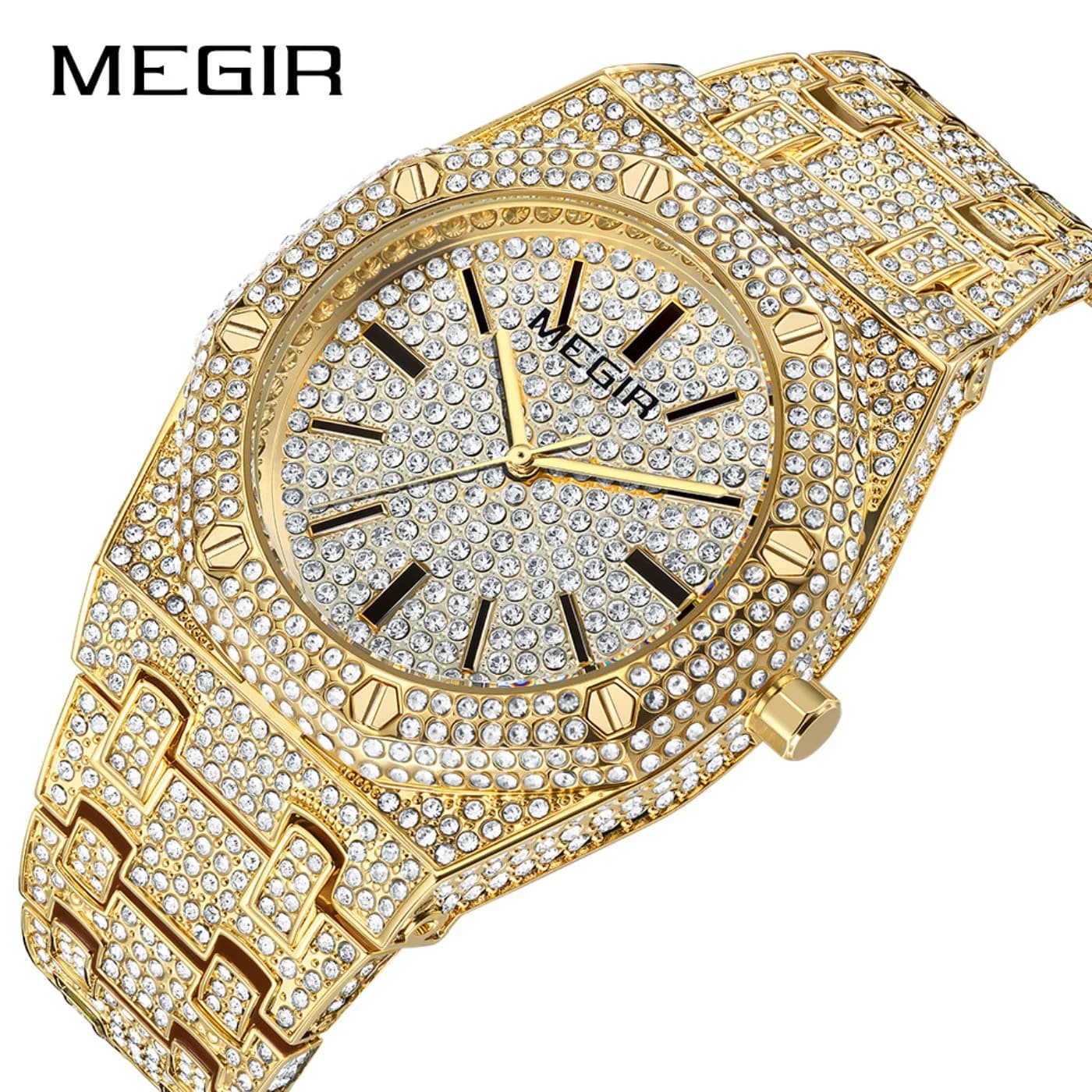 MEGIR Orologio al Quarzo di Lusso con Strass per Uomo, Orologio Dorato in Acciaio Inossidabile Impermeabile, Orologio da Polso Maschile di Marca Top per Affari