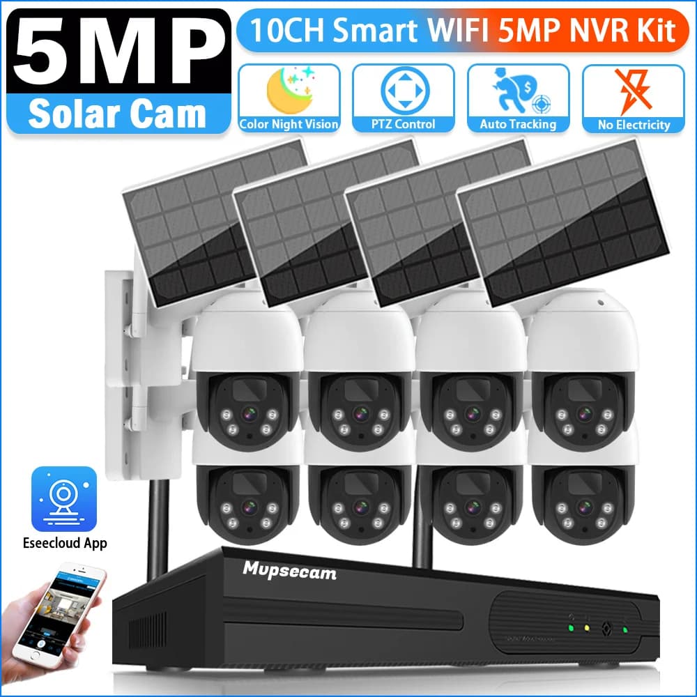 Kit Wireless NVR 16CH 5MP Security Camera System with IP Cameras from External and Solar Panel, WIFI CCTV Video Recorder
