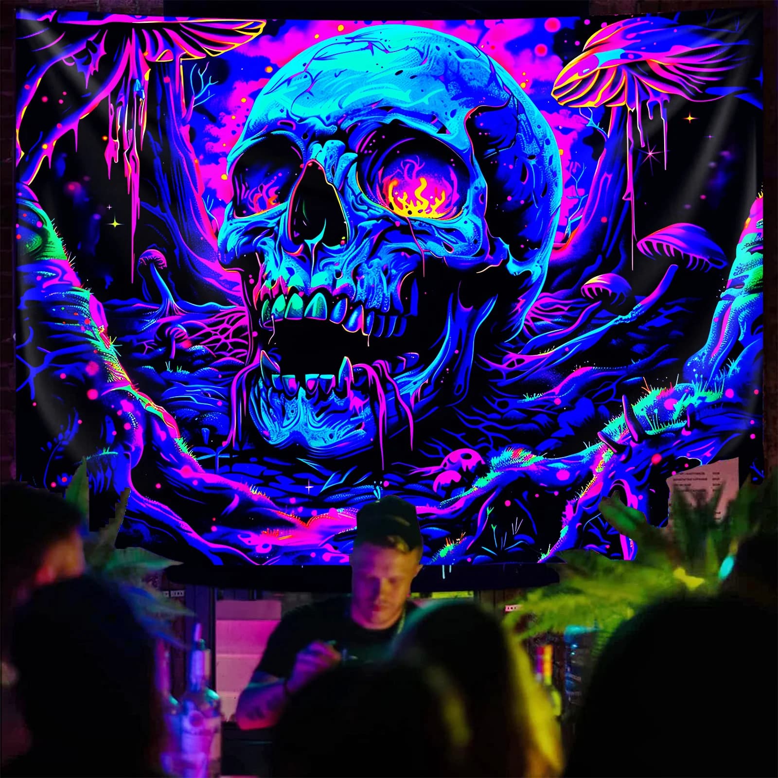 VIKAMA UV Reactive Neon Skull Mushroom Tapestry Trippy Forest Wall Hanging Blacklight Gothic Aesthetic Backdrop for Party Room