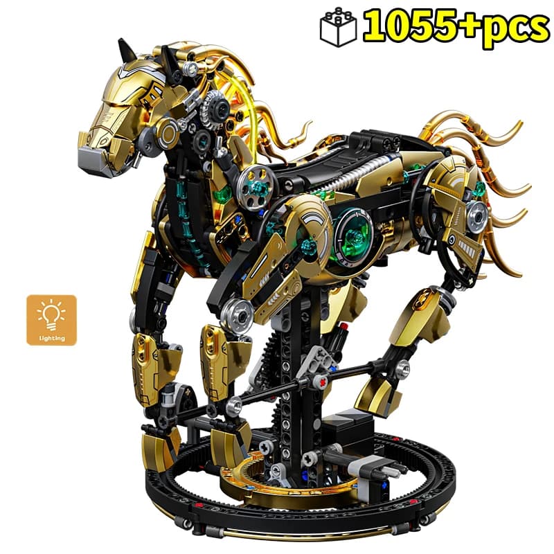 STEM Creative Golden Machinery Horse Building Blocks Modelli mobili animali con supporti luminosi Giocattoli di assemblaggio per bambini Regalo di compleanno