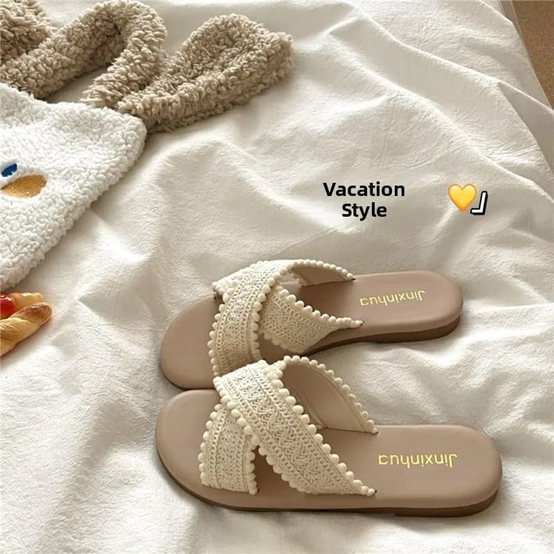 Ciabatte intrecciate traspiranti da donna, sandali estivi da esterno, stile francese, design traforato, tacco piatto, comode